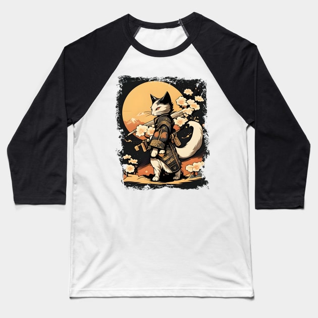 Japanese Cat Samurai Katana Sameowrai Anime Funny Baseball T-Shirt by Johnathan Allen Wilson